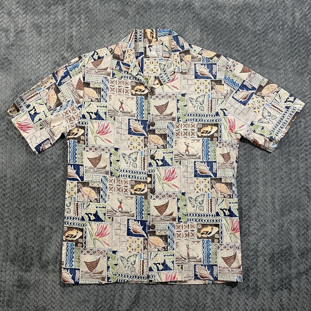 Y Not Hawaii Aloha Shirt Mens M Vintage Fish Canoe Tribal Purple Button Down
